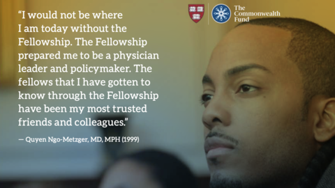 Informational text from the brochure PDF overlaying some fellows' heads.