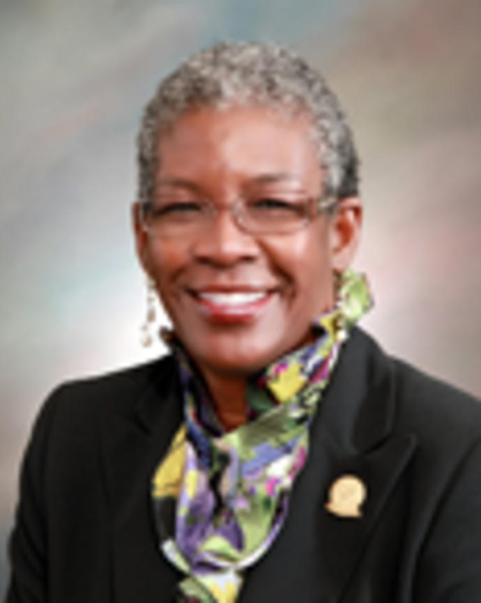 Ann Elrington has cropped gray hair. She is wearing a multicolor printed blouse and black blazer with a gold pin.