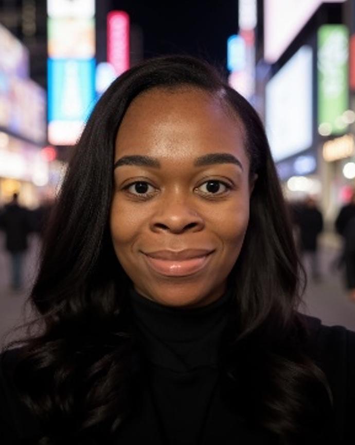 Emefah Loccoh has medium wavy black hair. She appears to be standing in Times Square in New York City.
